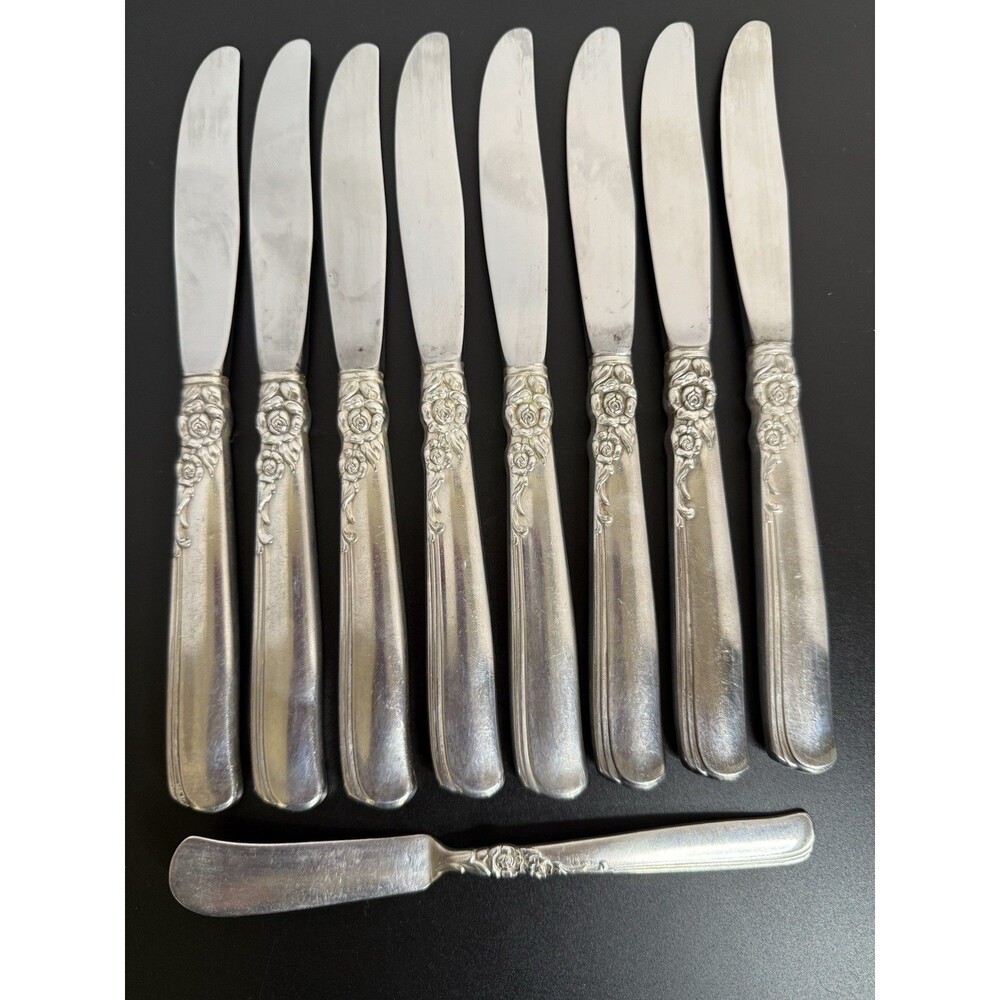 8  Oneida Prestige GAY ADVENTURE Silverplate Dinner Knives   1955